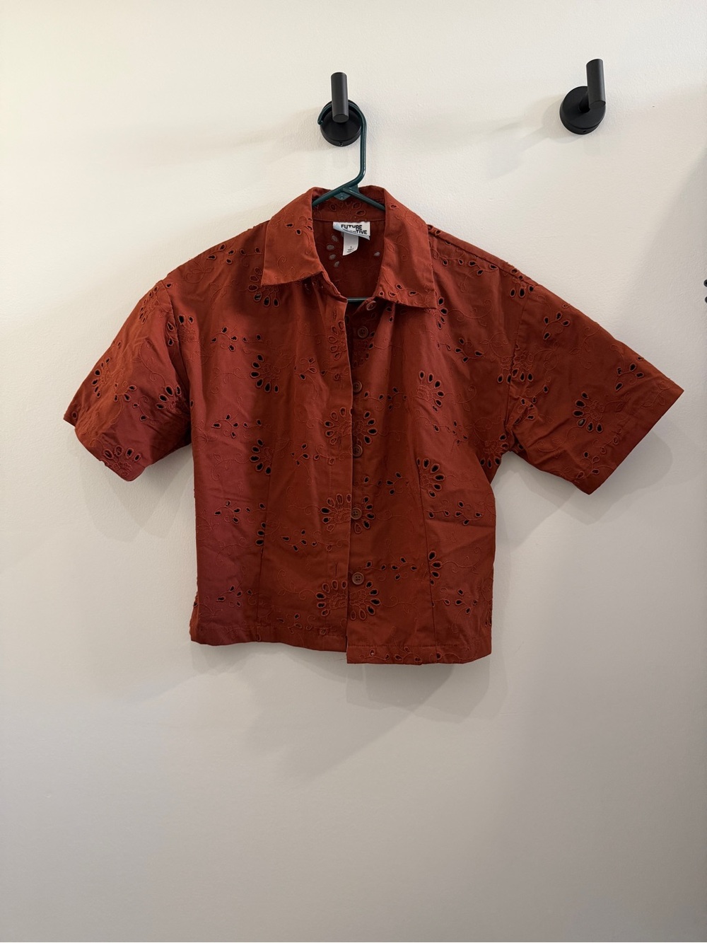 Future Collective Cropped Button-Down Shirt Jacket in Rust Brown